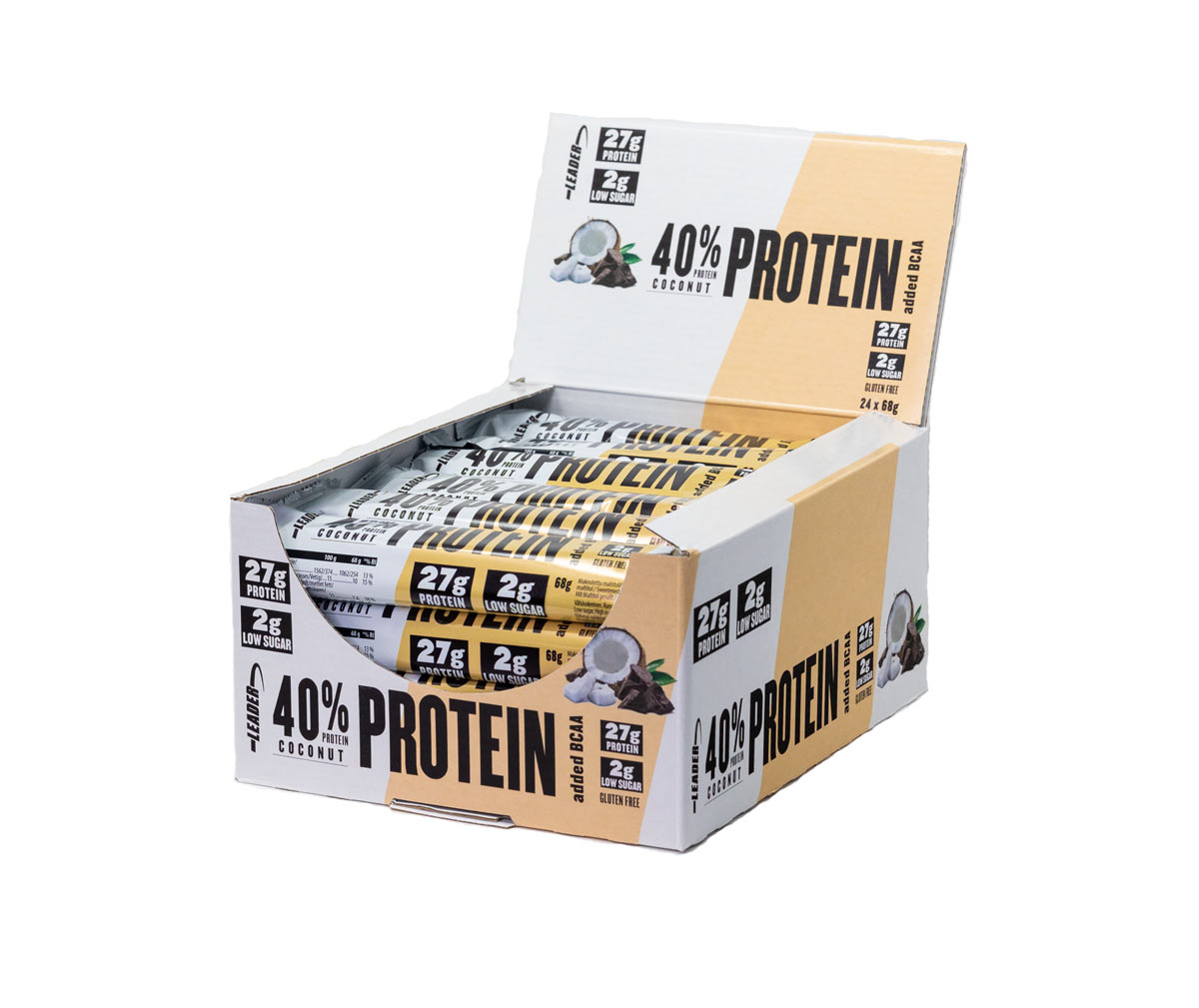24 kpl Leader 40 % Protein + BCAA Proteiinipatukka, Coconut (31.3.2022)